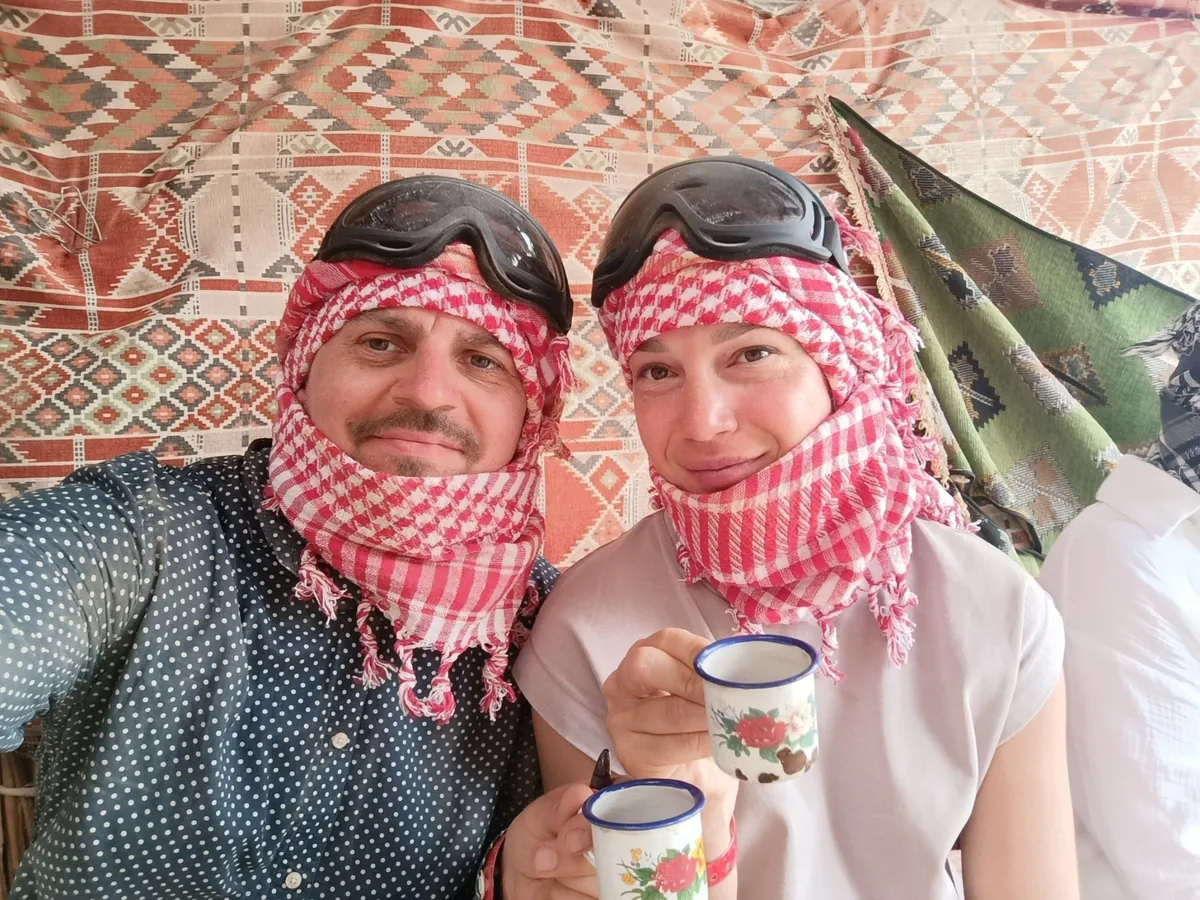 Vadim and Kristina enjoying tea in the desert