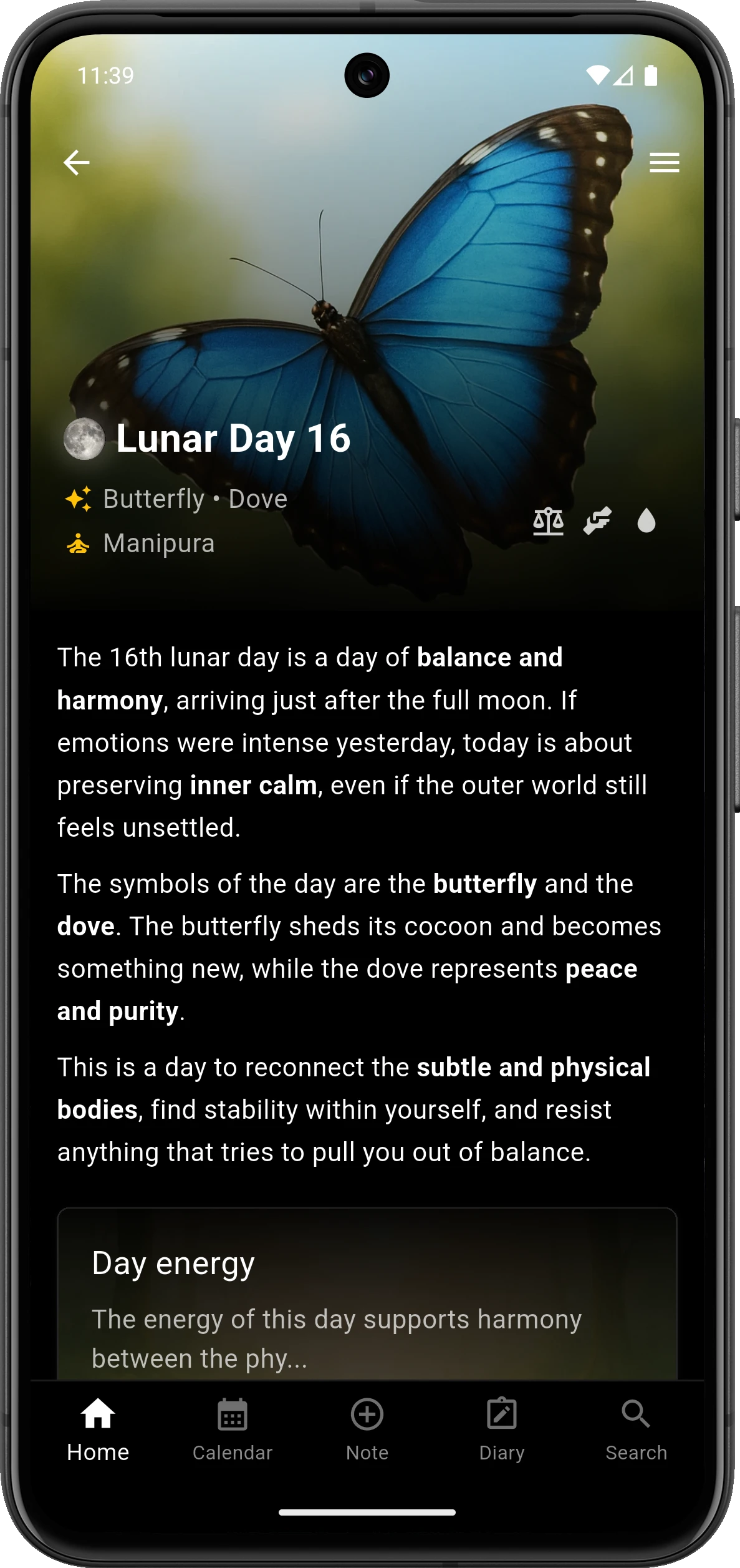 LunaLife screen with lunar day details and explanation