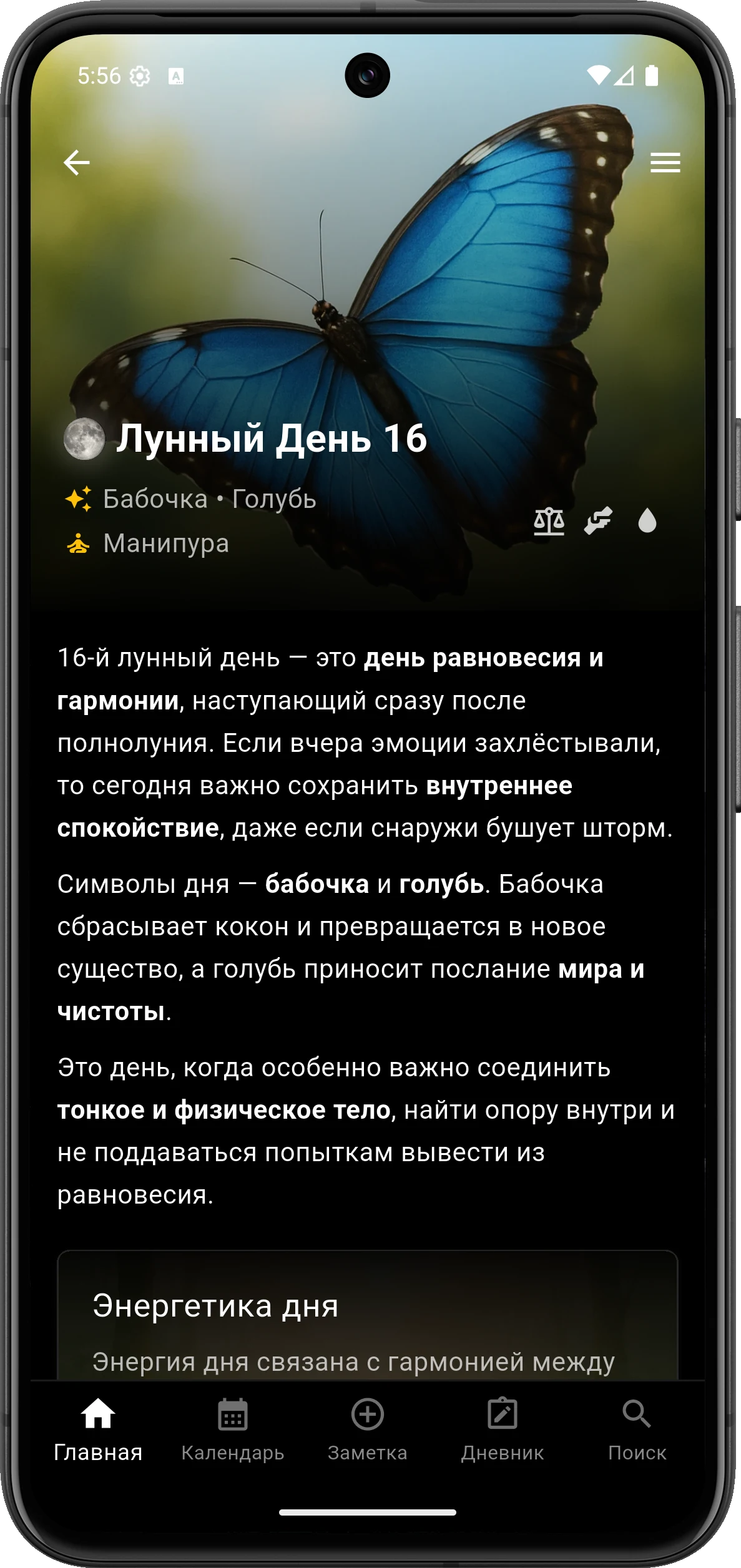 Экран LunaLife с деталями лунного дня и пояснениями
