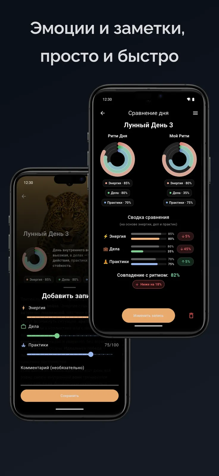 Сравнение ритма дня и личных эмоций в приложении LunaLife: энергетика, дела и практики, анализ совпадения с лунным ритмом.