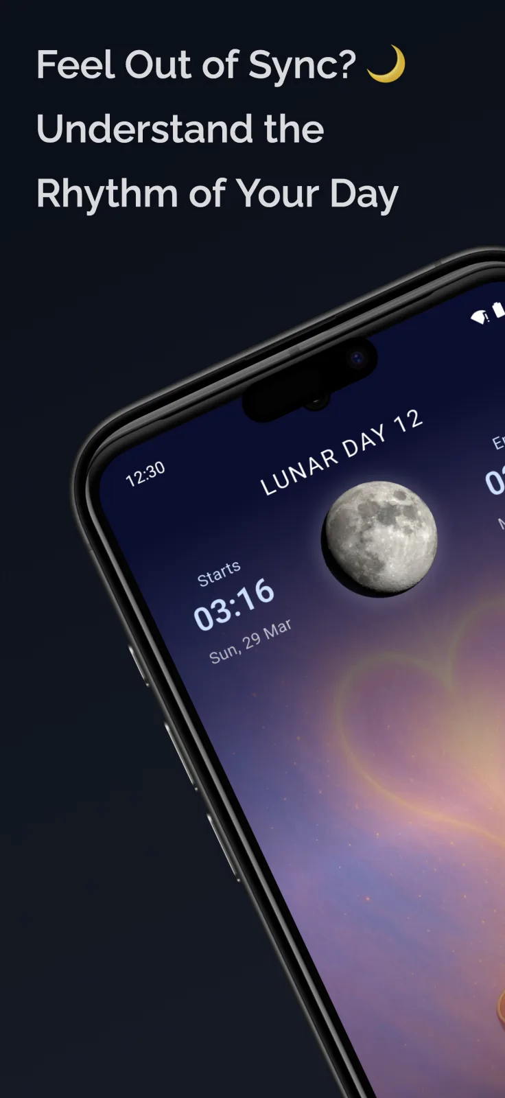 LunaLife moon calendar app showing a lunar day, timing, and daily rhythm guidance