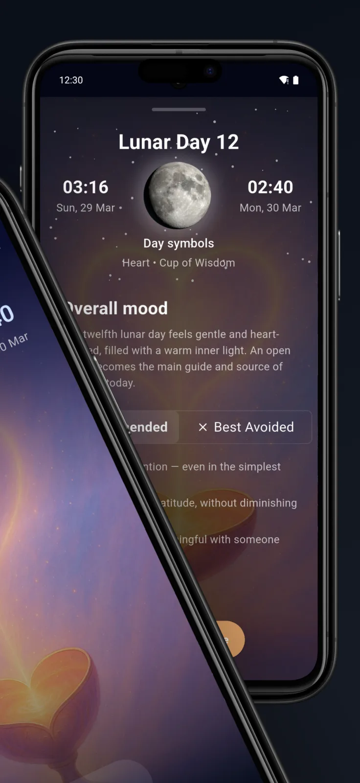 LunaLife daily guidance screen with energy notes, helpful actions, and caution points