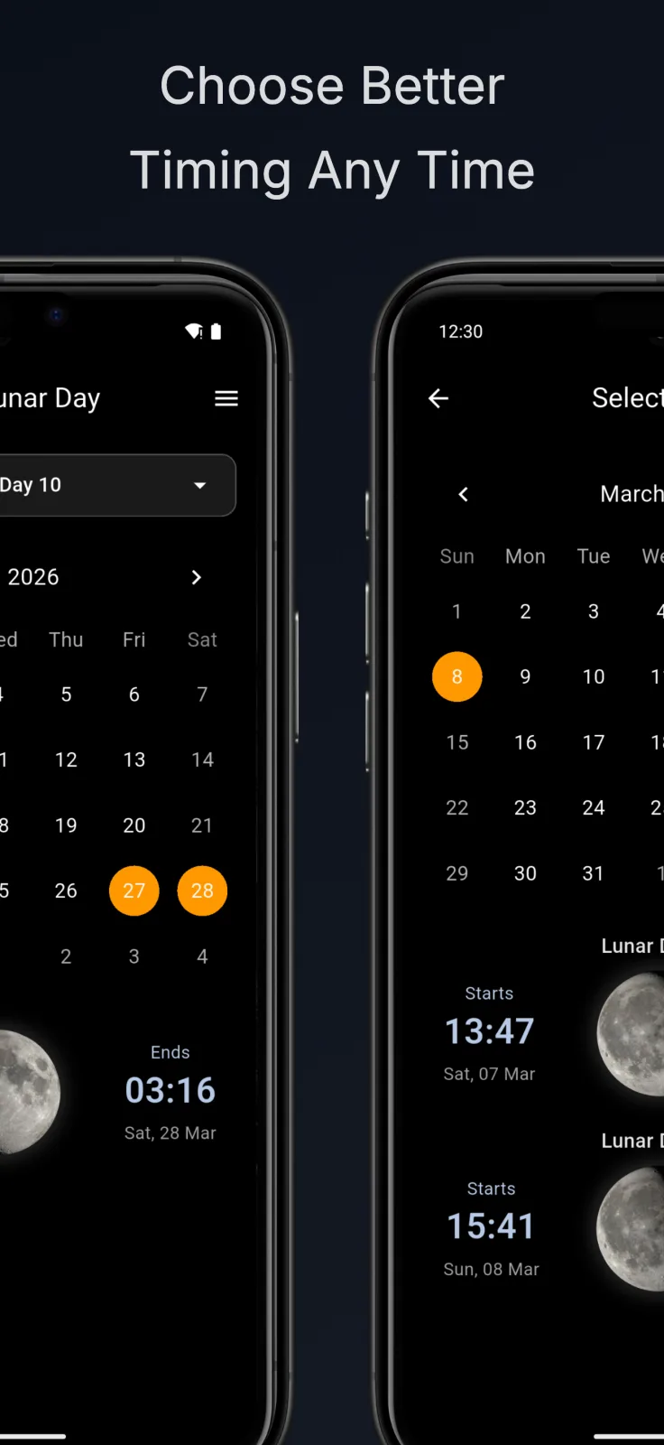 LunaLife lunar calendar view with monthly and yearly navigation