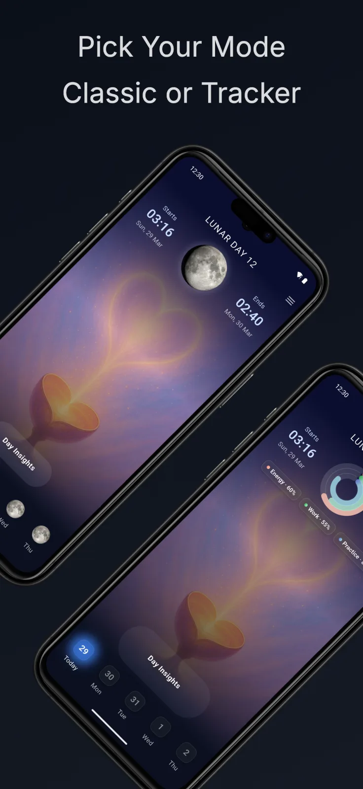 LunaLife screen options for classic lunar-day guidance and a simple daily view